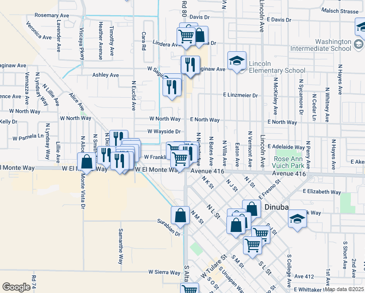 map of restaurants, bars, coffee shops, grocery stores, and more near 277 North Alta Avenue in Dinuba
