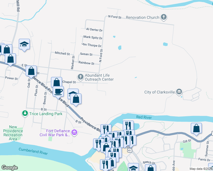 map of restaurants, bars, coffee shops, grocery stores, and more near 94 Chapel Street in Clarksville