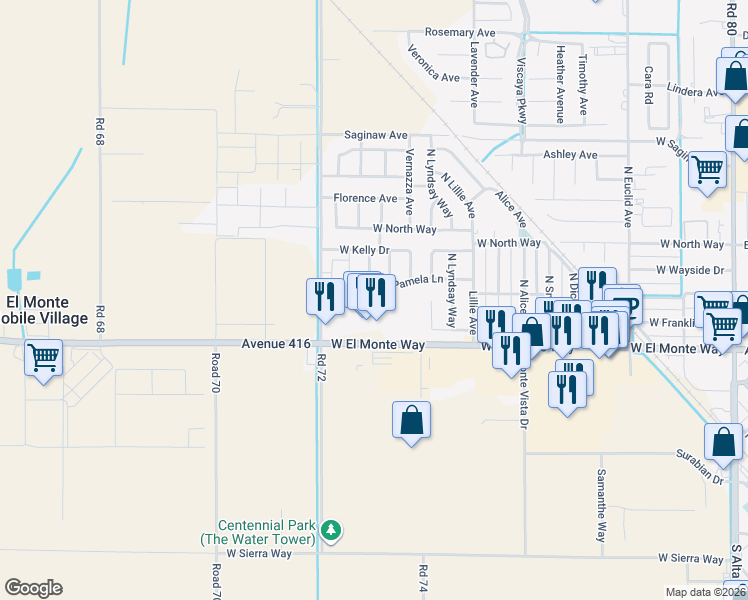 map of restaurants, bars, coffee shops, grocery stores, and more near 1383 West Adelaide Way in Dinuba