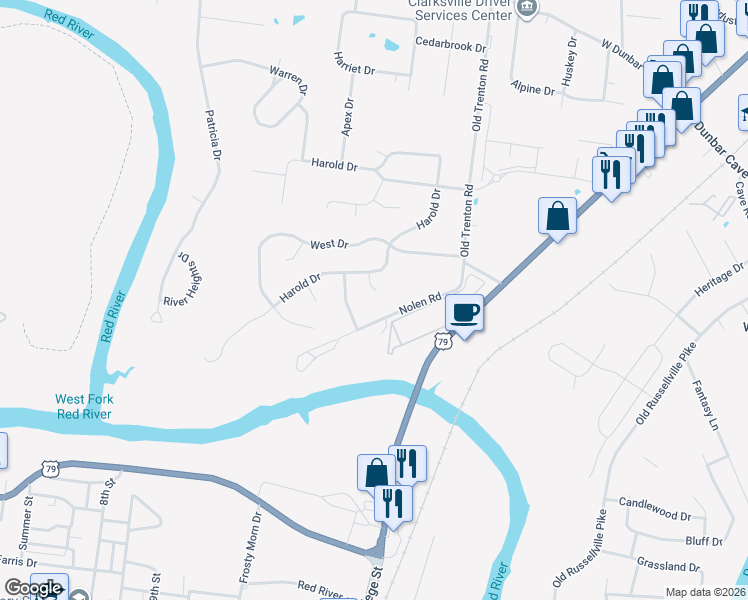 map of restaurants, bars, coffee shops, grocery stores, and more near 1844 Rapids Court in Clarksville