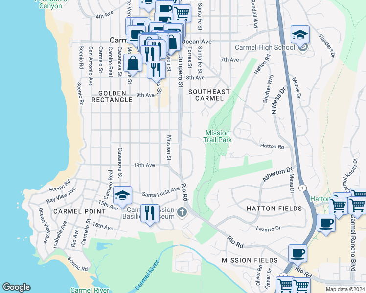 map of restaurants, bars, coffee shops, grocery stores, and more near 25905 Junipero Avenue in Carmel-by-the-Sea