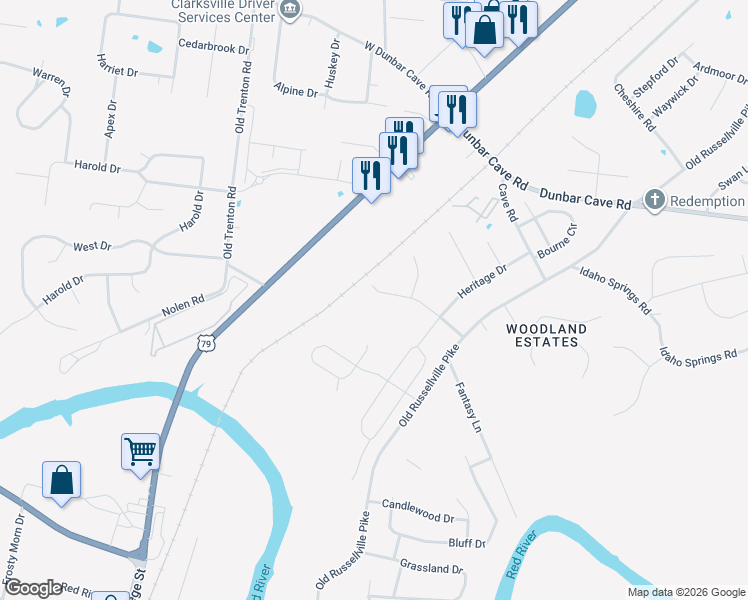 map of restaurants, bars, coffee shops, grocery stores, and more near 270 Andrew Jackson Drive in Clarksville