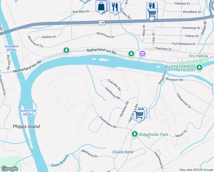 map of restaurants, bars, coffee shops, grocery stores, and more near 2137 Heatherly Road in Kingsport