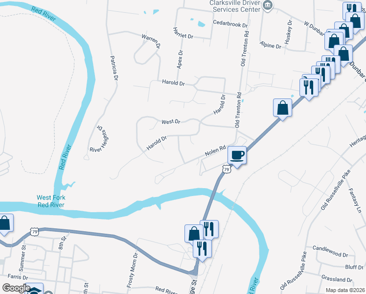 map of restaurants, bars, coffee shops, grocery stores, and more near 1843 Twin Rivers Road in Clarksville