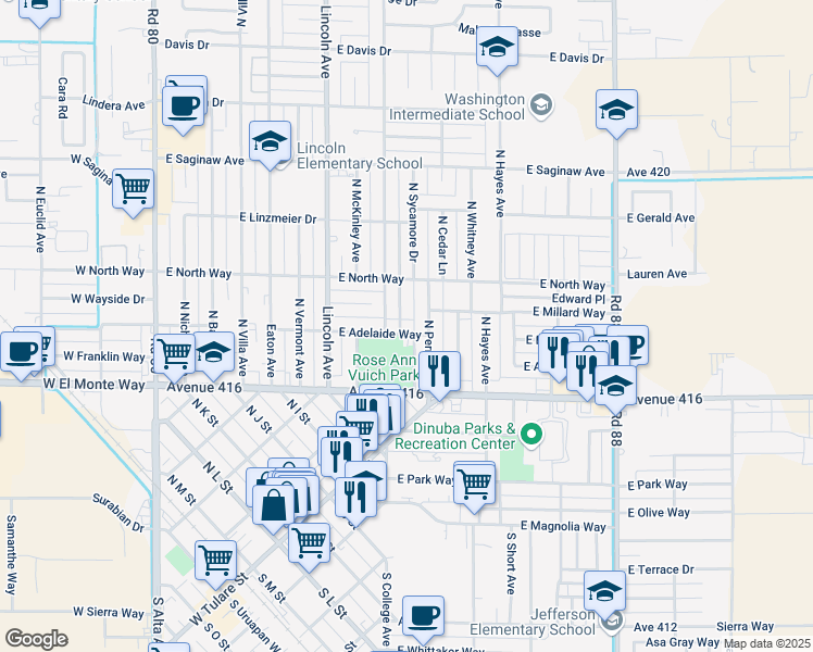 map of restaurants, bars, coffee shops, grocery stores, and more near 959-981 E Adelaide Way in Dinuba