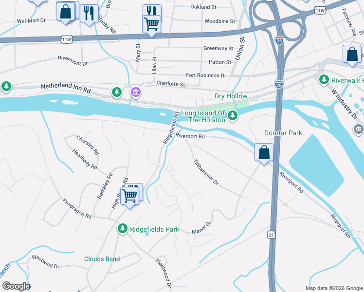 map of restaurants, bars, coffee shops, grocery stores, and more near 501-599 Tilthammer Drive in Kingsport