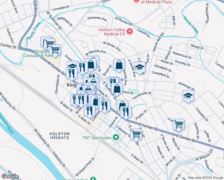 map of restaurants, bars, coffee shops, grocery stores, and more near 420 Cherokee Street in Kingsport
