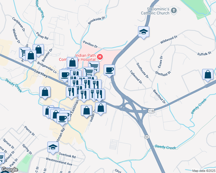 map of restaurants, bars, coffee shops, grocery stores, and more near Pulitzer Place in Kingsport