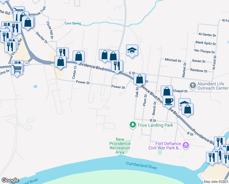map of restaurants, bars, coffee shops, grocery stores, and more near 113C Walnut Street in Clarksville