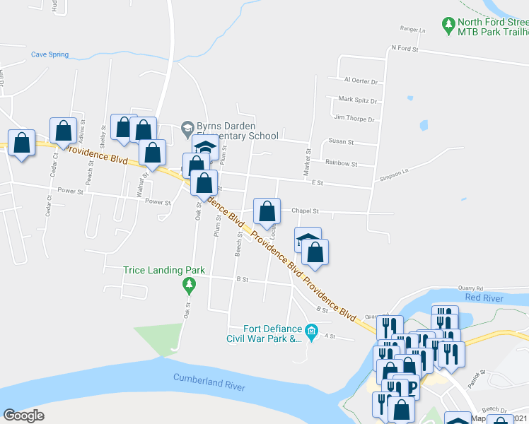 map of restaurants, bars, coffee shops, grocery stores, and more near 313-1/2 Locust Street in Clarksville