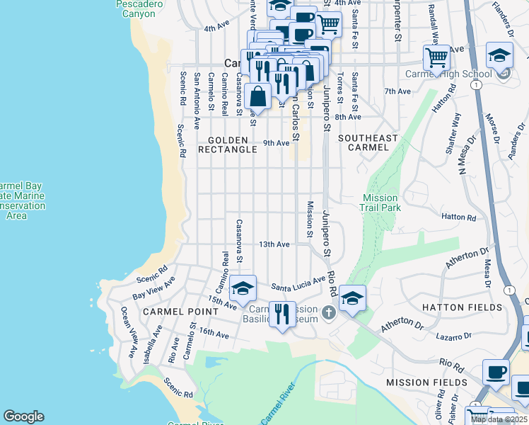 map of restaurants, bars, coffee shops, grocery stores, and more near in Carmel-by-the-Sea