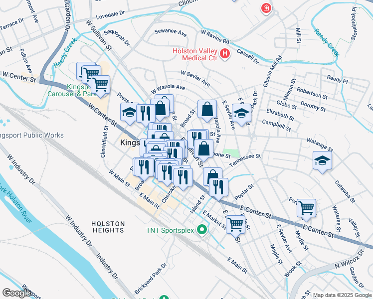 map of restaurants, bars, coffee shops, grocery stores, and more near 420 Cherokee Street in Kingsport