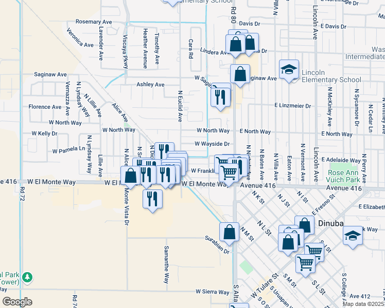 map of restaurants, bars, coffee shops, grocery stores, and more near 430 West Adelaide Way in Dinuba