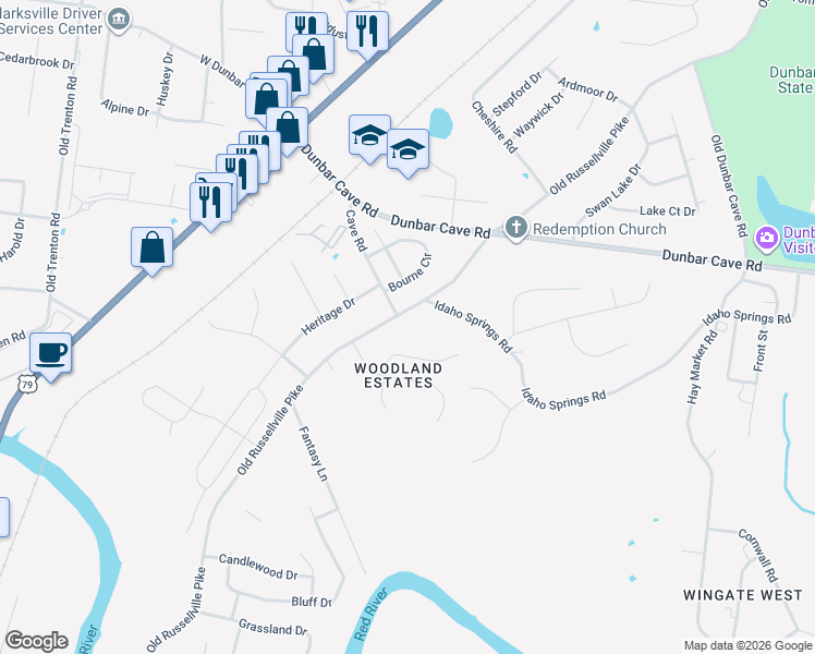 map of restaurants, bars, coffee shops, grocery stores, and more near 327 Lockert Place in Clarksville