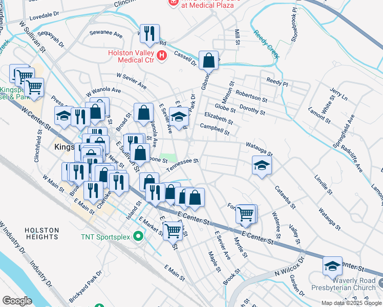 map of restaurants, bars, coffee shops, grocery stores, and more near 224 East Sevier Avenue in Kingsport