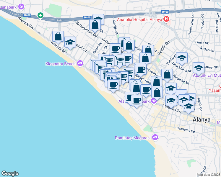 map of restaurants, bars, coffee shops, grocery stores, and more near 145 Atatürk Bulvarı in Alanya