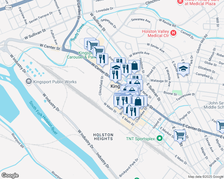 map of restaurants, bars, coffee shops, grocery stores, and more near 320 West Market Street in Kingsport
