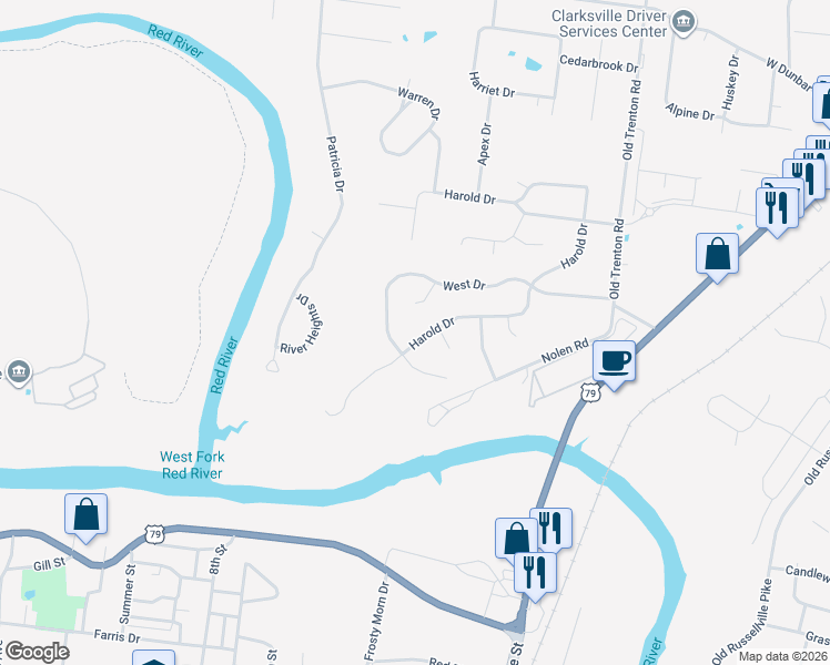 map of restaurants, bars, coffee shops, grocery stores, and more near 238 Harold Drive in Clarksville