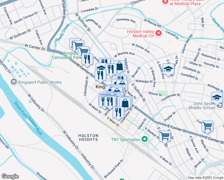 map of restaurants, bars, coffee shops, grocery stores, and more near 298 Shelby Street in Kingsport