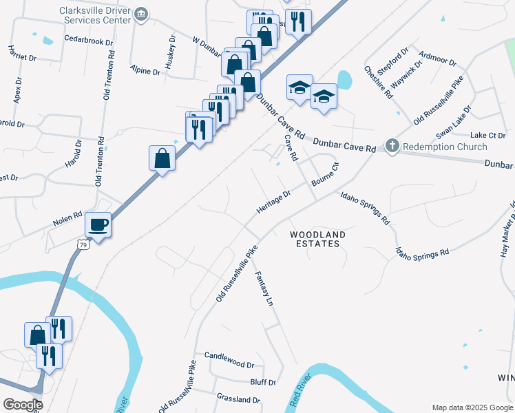map of restaurants, bars, coffee shops, grocery stores, and more near 1767 Heritage Drive in Clarksville