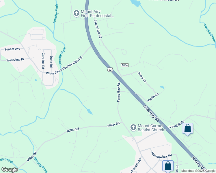 map of restaurants, bars, coffee shops, grocery stores, and more near 142 Wilson Lane in Mount Airy