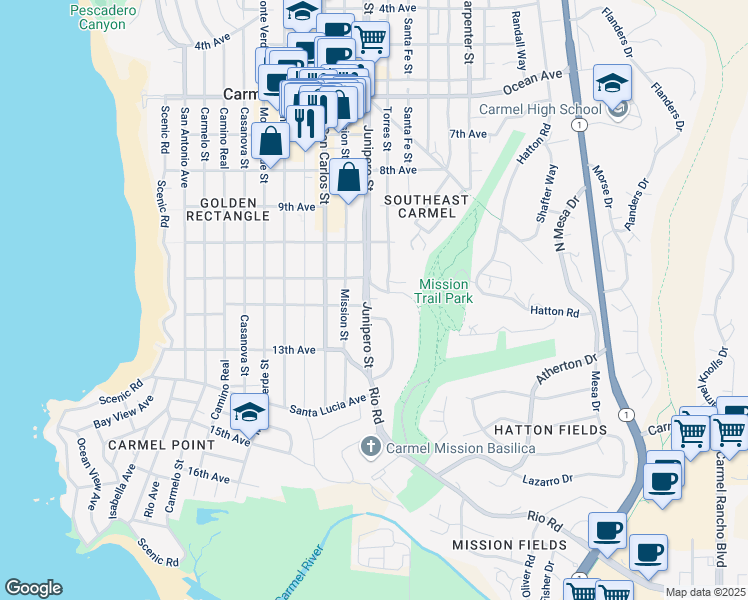 map of restaurants, bars, coffee shops, grocery stores, and more near in Carmel-by-the-Sea