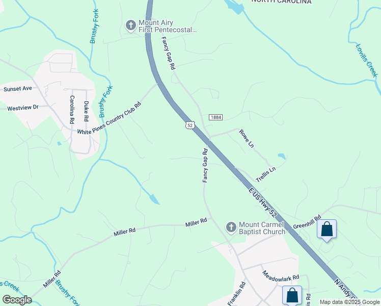 map of restaurants, bars, coffee shops, grocery stores, and more near 142 Wilson Lane in Mount Airy