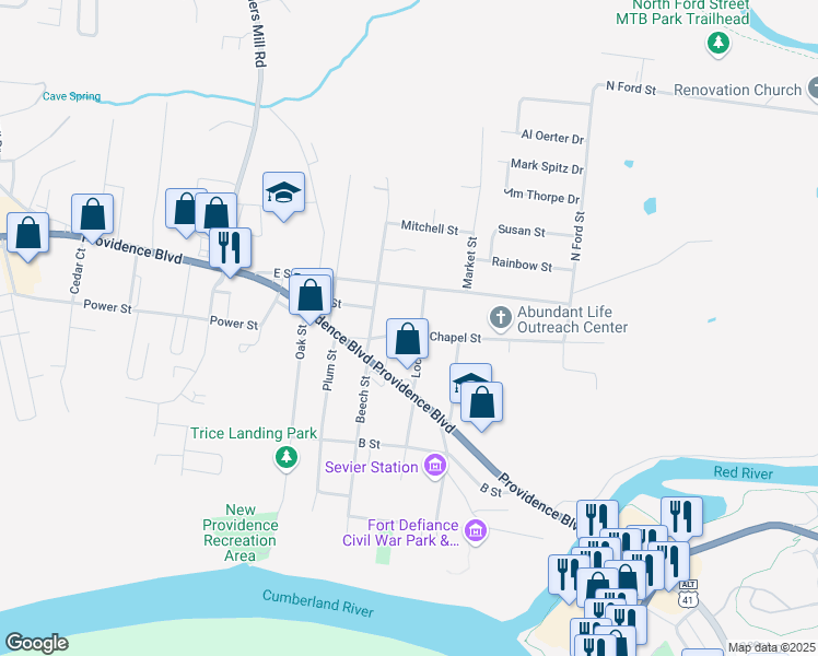 map of restaurants, bars, coffee shops, grocery stores, and more near 405 Locust Street in Clarksville