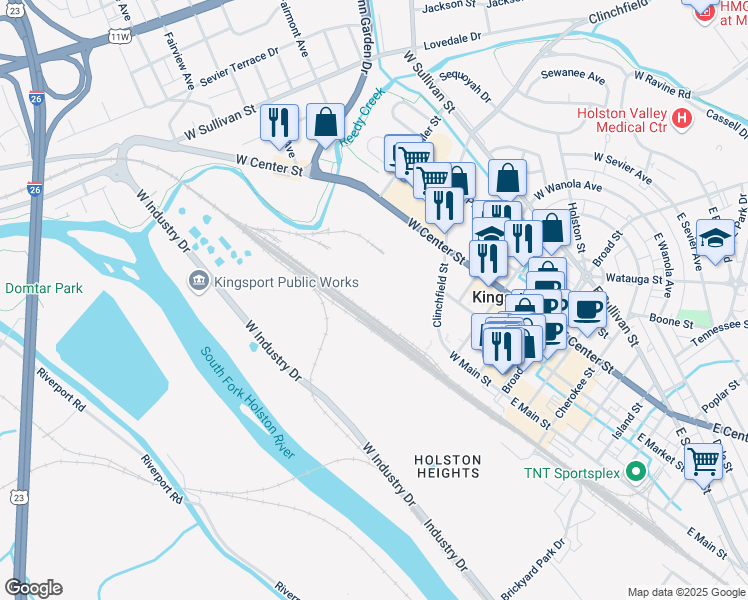 map of restaurants, bars, coffee shops, grocery stores, and more near 100 Clinchfield Street in Kingsport