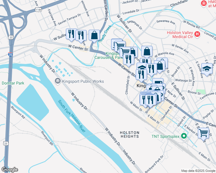 map of restaurants, bars, coffee shops, grocery stores, and more near 100 Clinchfield Street in Kingsport
