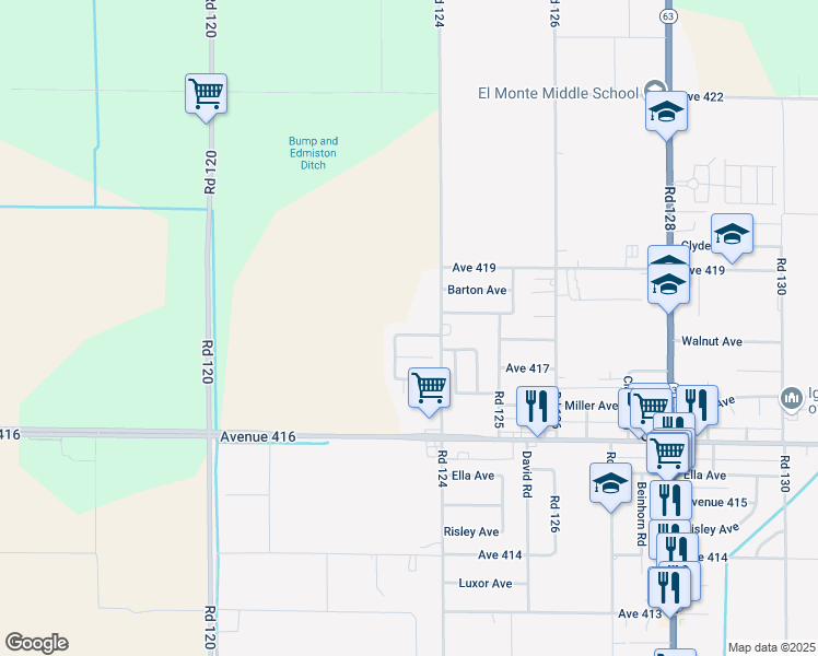 map of restaurants, bars, coffee shops, grocery stores, and more near 41821-41863 Road 124 in Orosi
