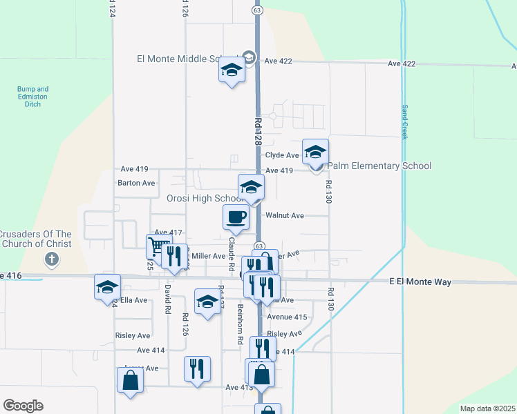 map of restaurants, bars, coffee shops, grocery stores, and more near 41815 Road 128 in Orosi