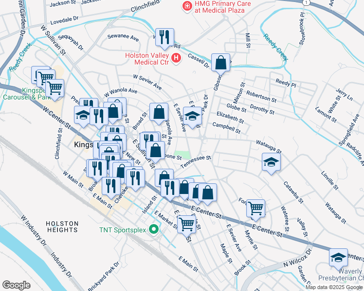map of restaurants, bars, coffee shops, grocery stores, and more near 205 East Sevier Avenue in Kingsport