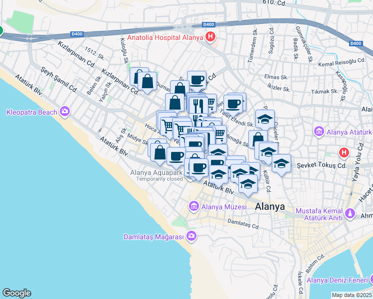 map of restaurants, bars, coffee shops, grocery stores, and more near 30 Galatasaray Caddesi in Alanya