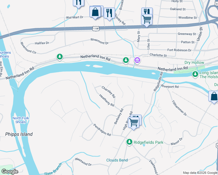 map of restaurants, bars, coffee shops, grocery stores, and more near 2232 Charsley Road in Kingsport