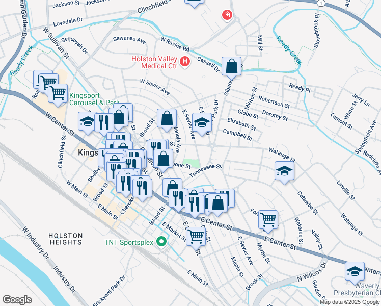 map of restaurants, bars, coffee shops, grocery stores, and more near 714 Watauga Street in Kingsport