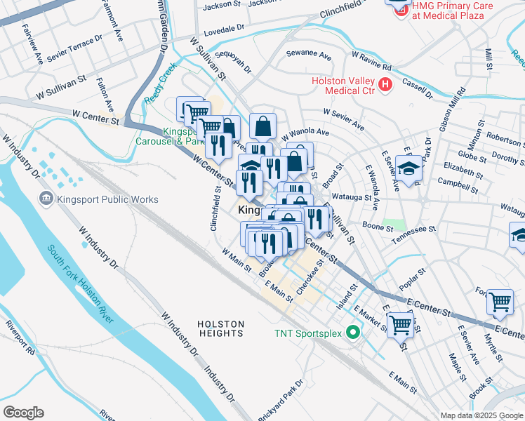 map of restaurants, bars, coffee shops, grocery stores, and more near in Kingsport