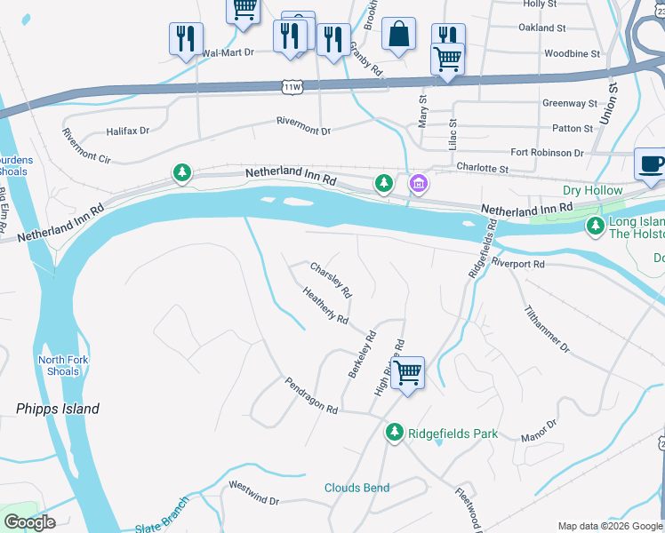 map of restaurants, bars, coffee shops, grocery stores, and more near 2232 Charsley Road in Kingsport