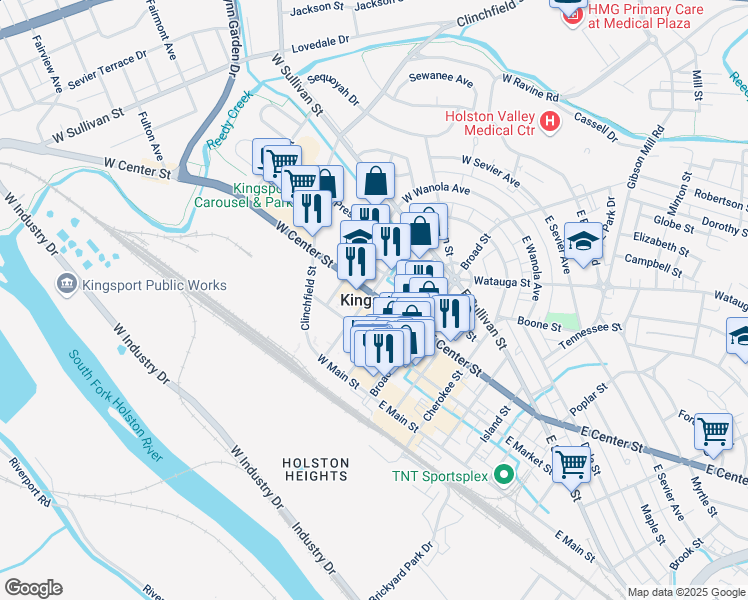 map of restaurants, bars, coffee shops, grocery stores, and more near in Kingsport