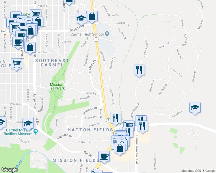 map of restaurants, bars, coffee shops, grocery stores, and more near 25841 South Carmel Hills Drive in Carmel-by-the-Sea