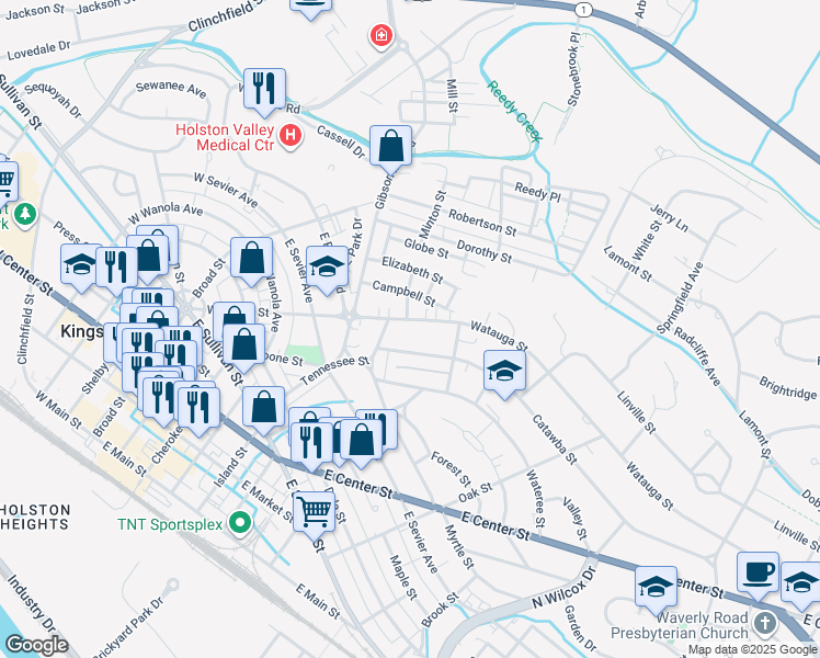 map of restaurants, bars, coffee shops, grocery stores, and more near 1002 Watauga Street in Kingsport