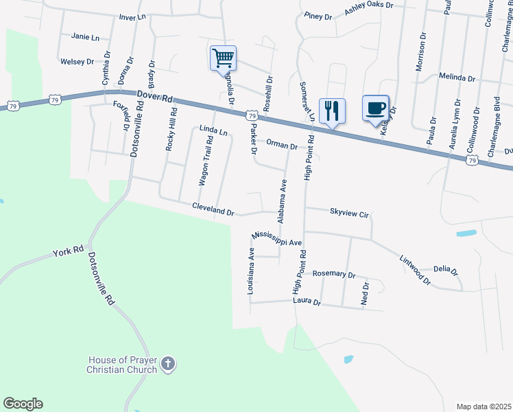 map of restaurants, bars, coffee shops, grocery stores, and more near 607 Cleveland Drive in Clarksville