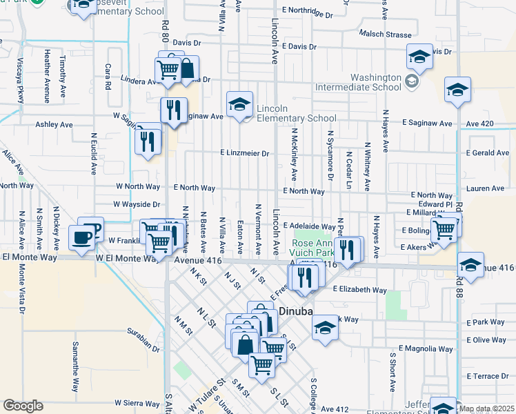 map of restaurants, bars, coffee shops, grocery stores, and more near 301-499 N Vermont Ave in Dinuba