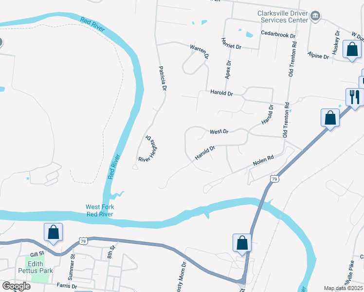 map of restaurants, bars, coffee shops, grocery stores, and more near 111 West Drive in Clarksville