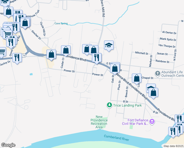 map of restaurants, bars, coffee shops, grocery stores, and more near 701 Power St in Clarksville