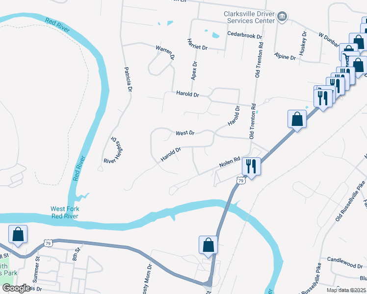 map of restaurants, bars, coffee shops, grocery stores, and more near 253 Harold Drive in Clarksville