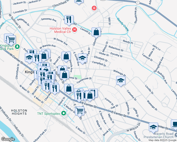 map of restaurants, bars, coffee shops, grocery stores, and more near 914 Watauga Street in Kingsport