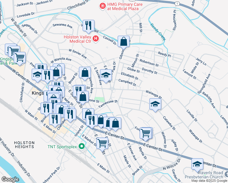map of restaurants, bars, coffee shops, grocery stores, and more near 914 Watauga Street in Kingsport
