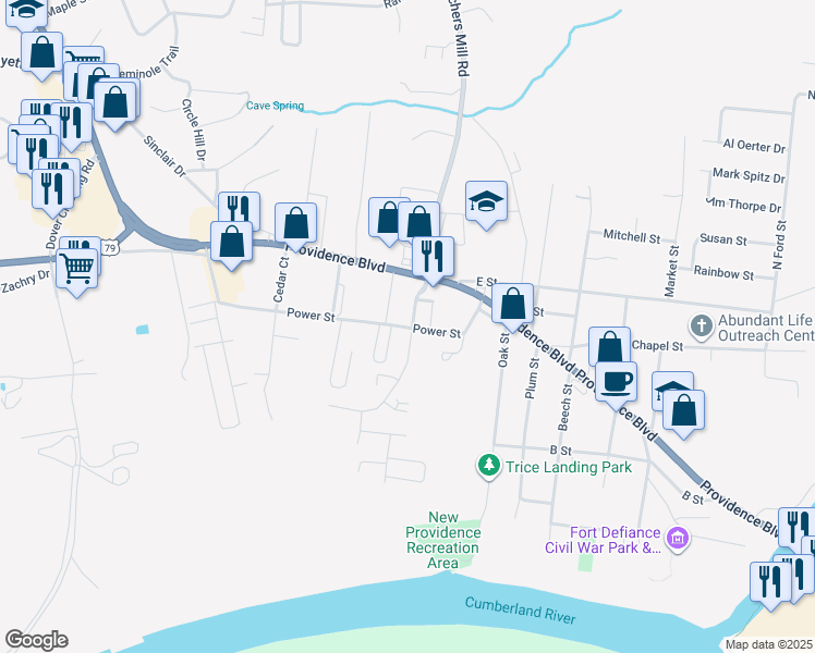 map of restaurants, bars, coffee shops, grocery stores, and more near 701 Power Street in Clarksville