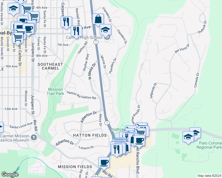 map of restaurants, bars, coffee shops, grocery stores, and more near 25817 Morse Drive in Carmel-by-the-Sea